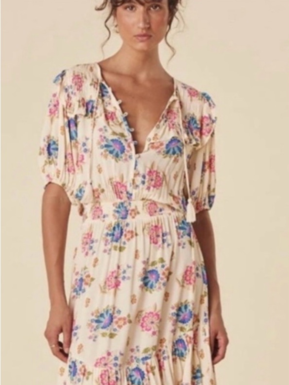 SPELL Floral Tiered Maxi Dress in Cream with Pink & Blue Flowers